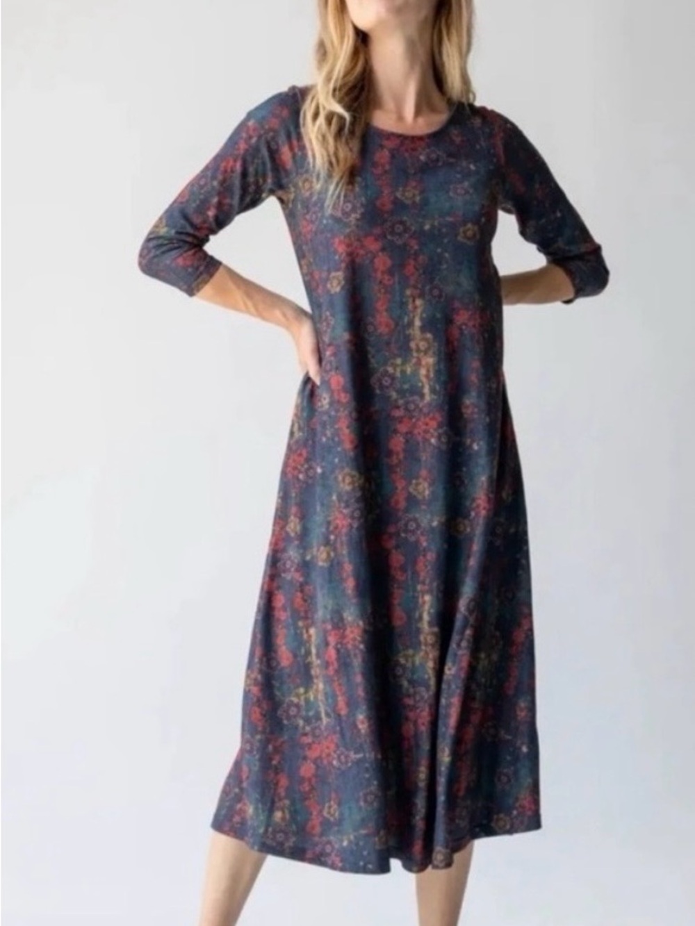 NATURAL LIFE XL Lottie floral  Midi Dress with POCKETS- watercolor flowers.